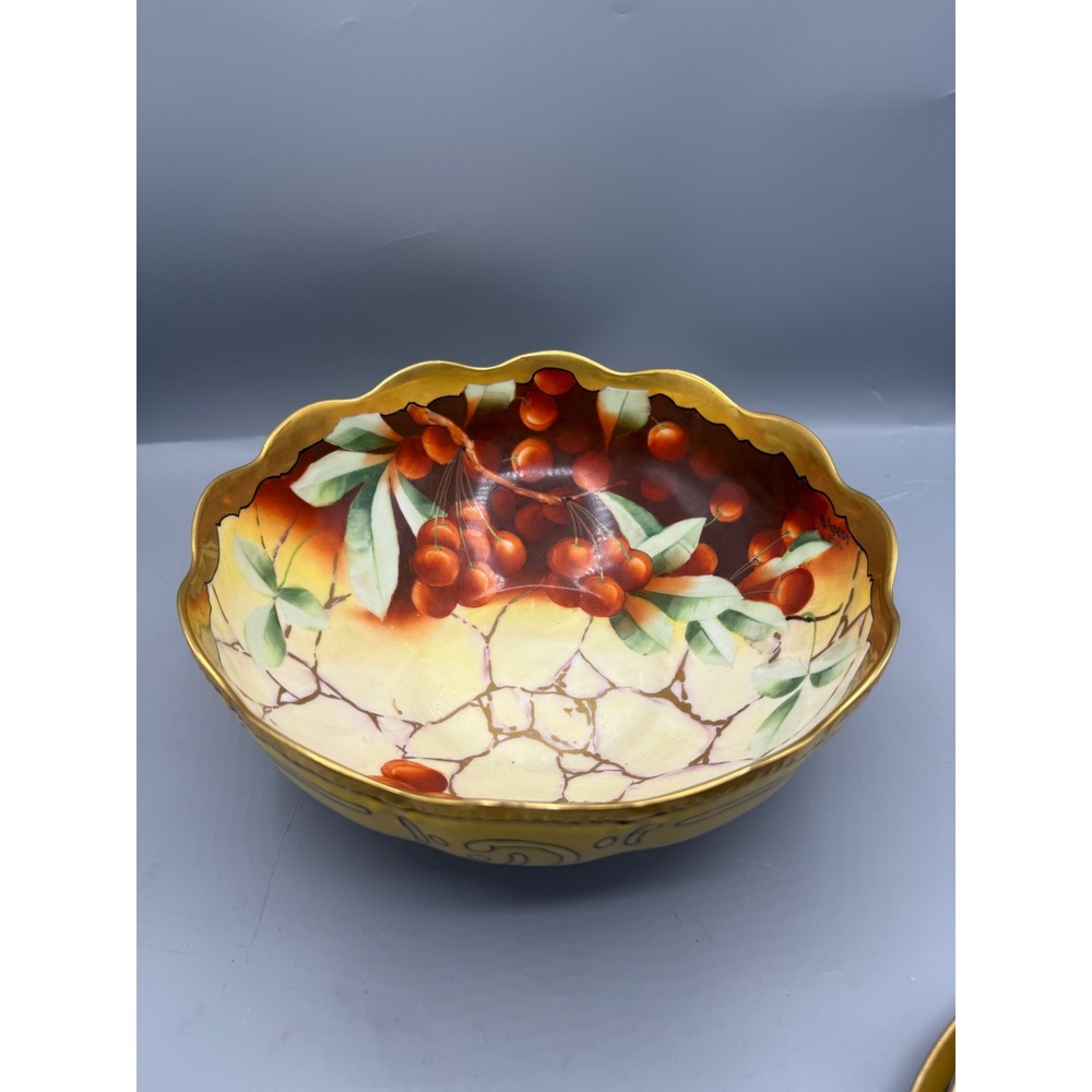 T&V Limoges France Antique Hand Painted Cherry Porcelain Bowl Artist Signed 9in